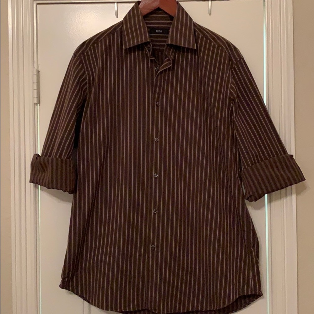 Hugo Boss Men's Brown Striped Dress Shirt Medium M Button Down